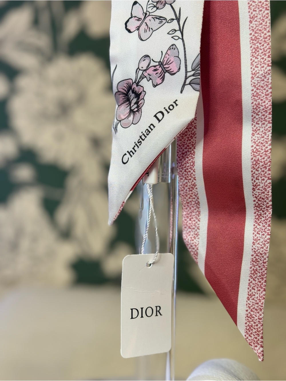 Christian Dior Pink Silk Twilly Scarf Pink Floral & Butterflies New in Box - Picture 2 of 7